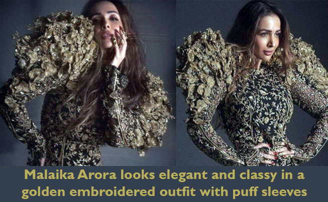 Malaika Arora looks elegant and classy in a golden embroidered outfit with puff sleeves